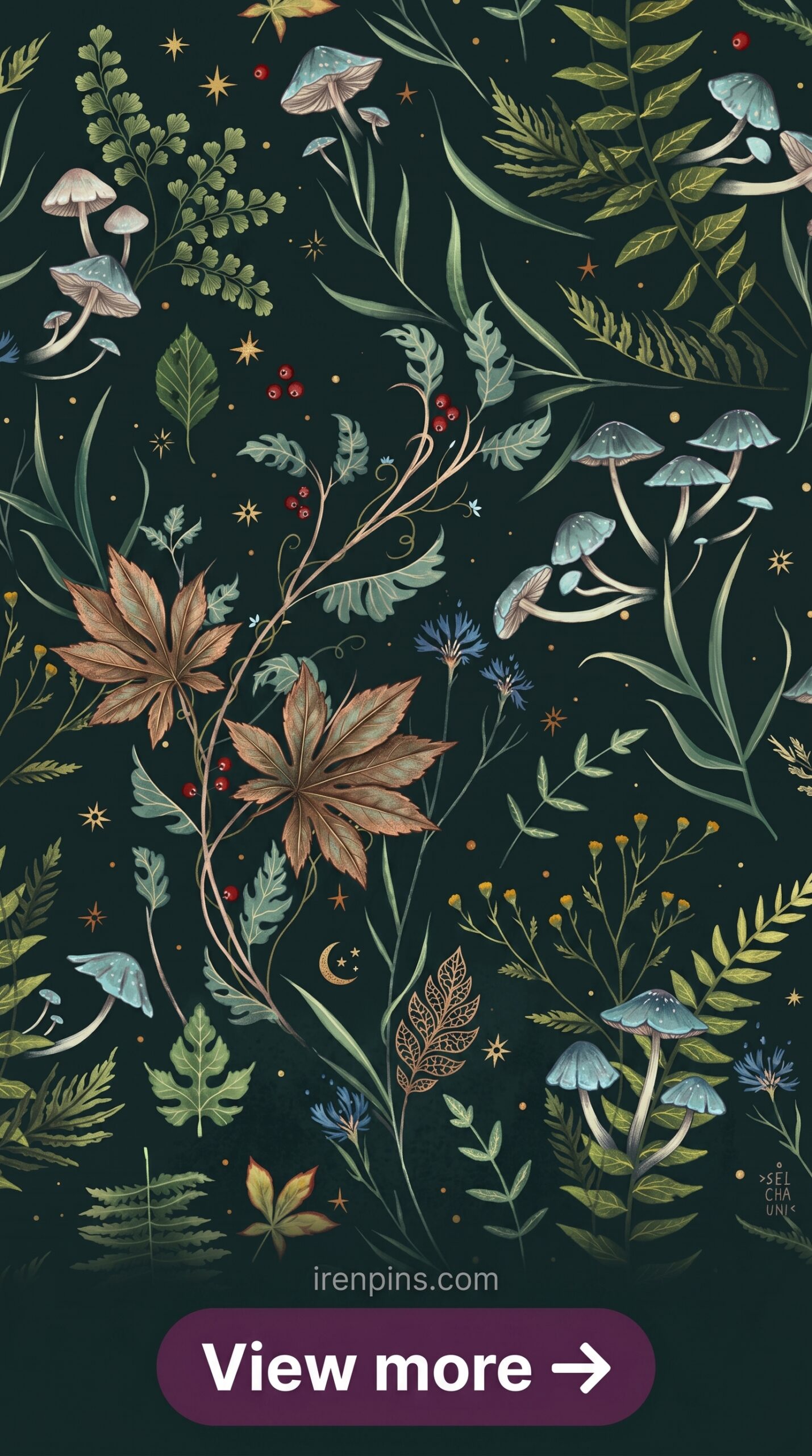 dark green seamless pattern lush leaves berries botanical printable editable