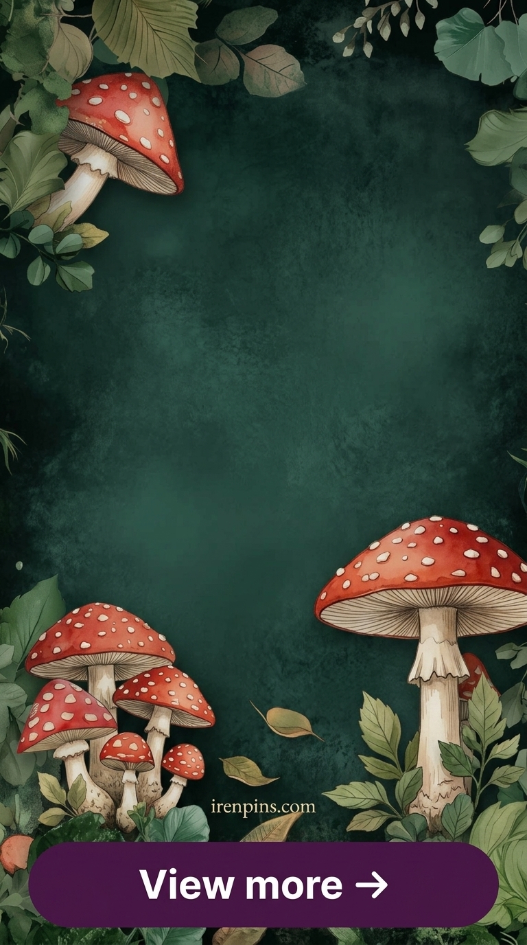 dark forest wallpaper mushrooms leaves nature serene printable editable