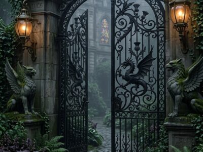 dark green cottage aesthetic serene garden entrance inspiration printable