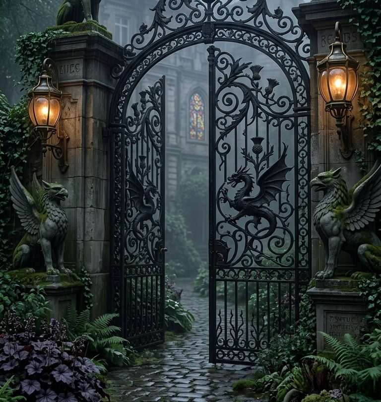 dark green cottage aesthetic serene garden entrance inspiration printable