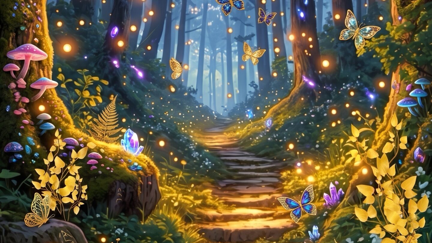 enchanted forest digital paper mystical lights path background printable