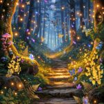 enchanted forest digital paper mystical lights path background printable
