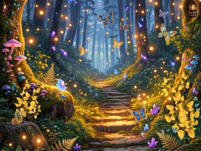 enchanted forest digital paper mystical lights path background printable