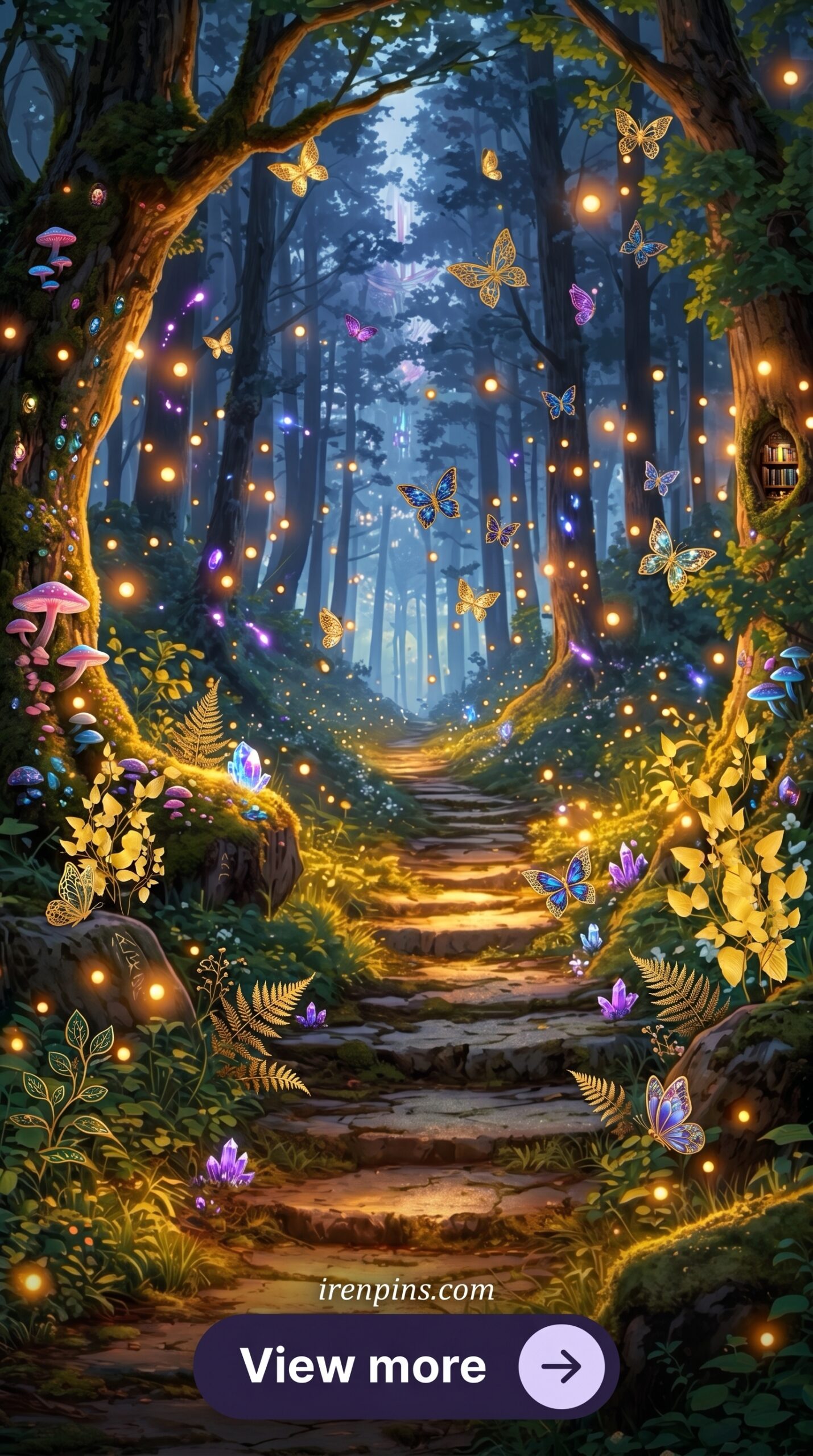 enchanted forest digital paper mystical lights path background printable