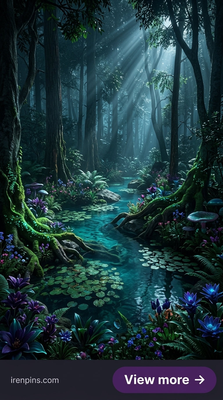 enchanted forest digital paper pond water lily magical scene printable editable