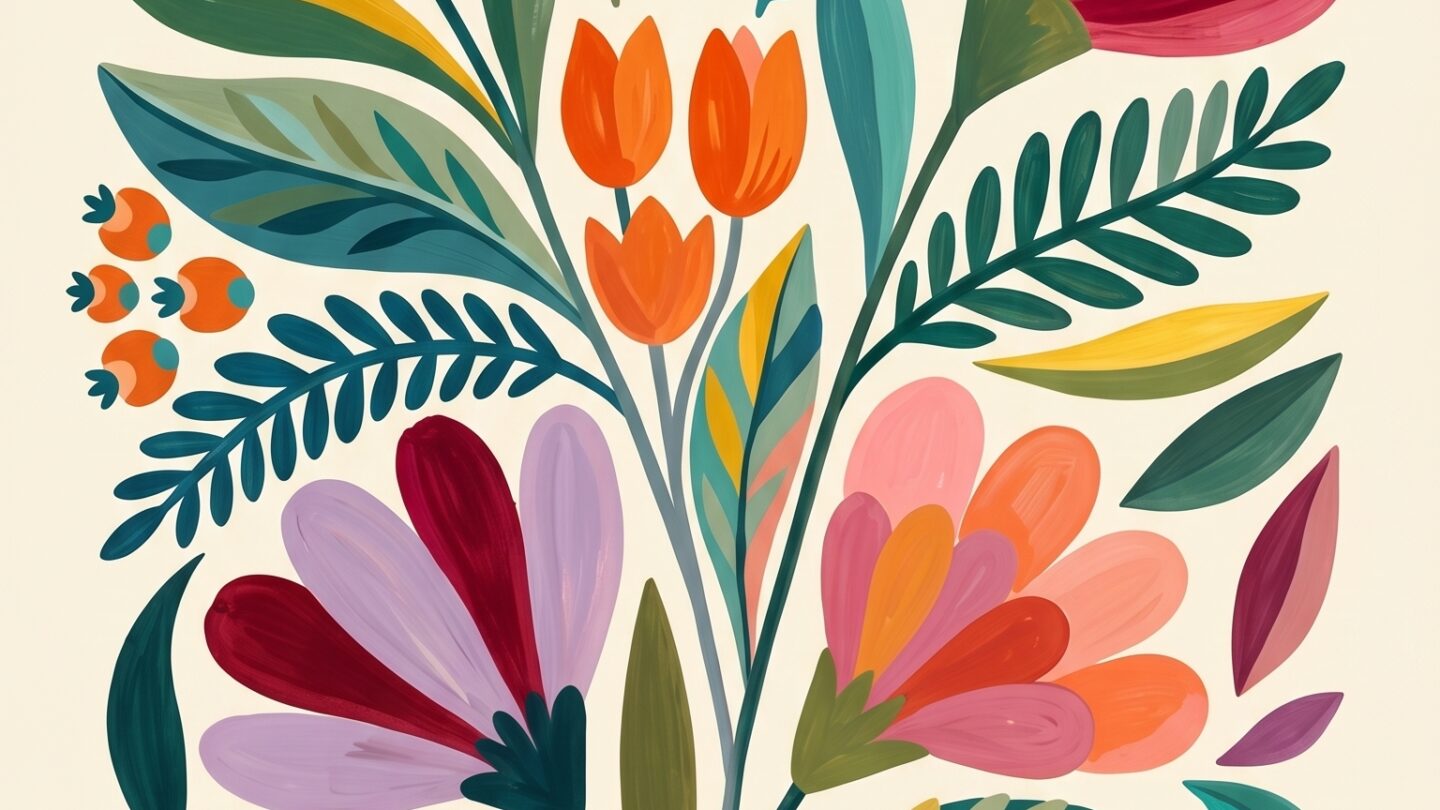 floral folk art style colorful leaves painting printable digital download