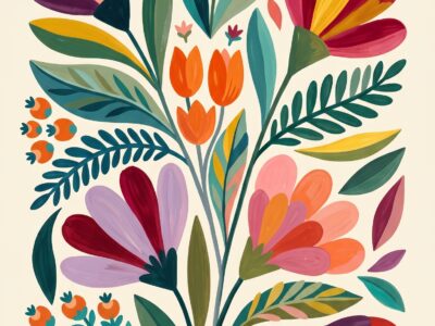 floral folk art style colorful leaves painting printable digital download