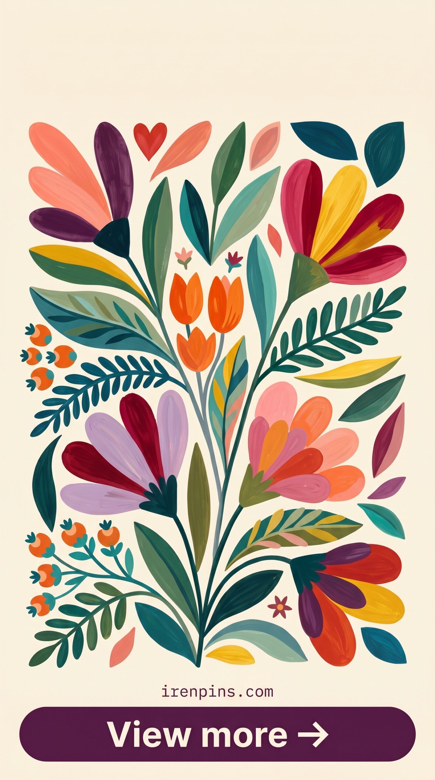 floral folk art style colorful leaves painting printable digital download