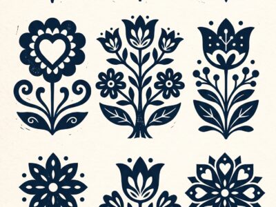 folk flower design blue heart shape SVG Cricut printable editable