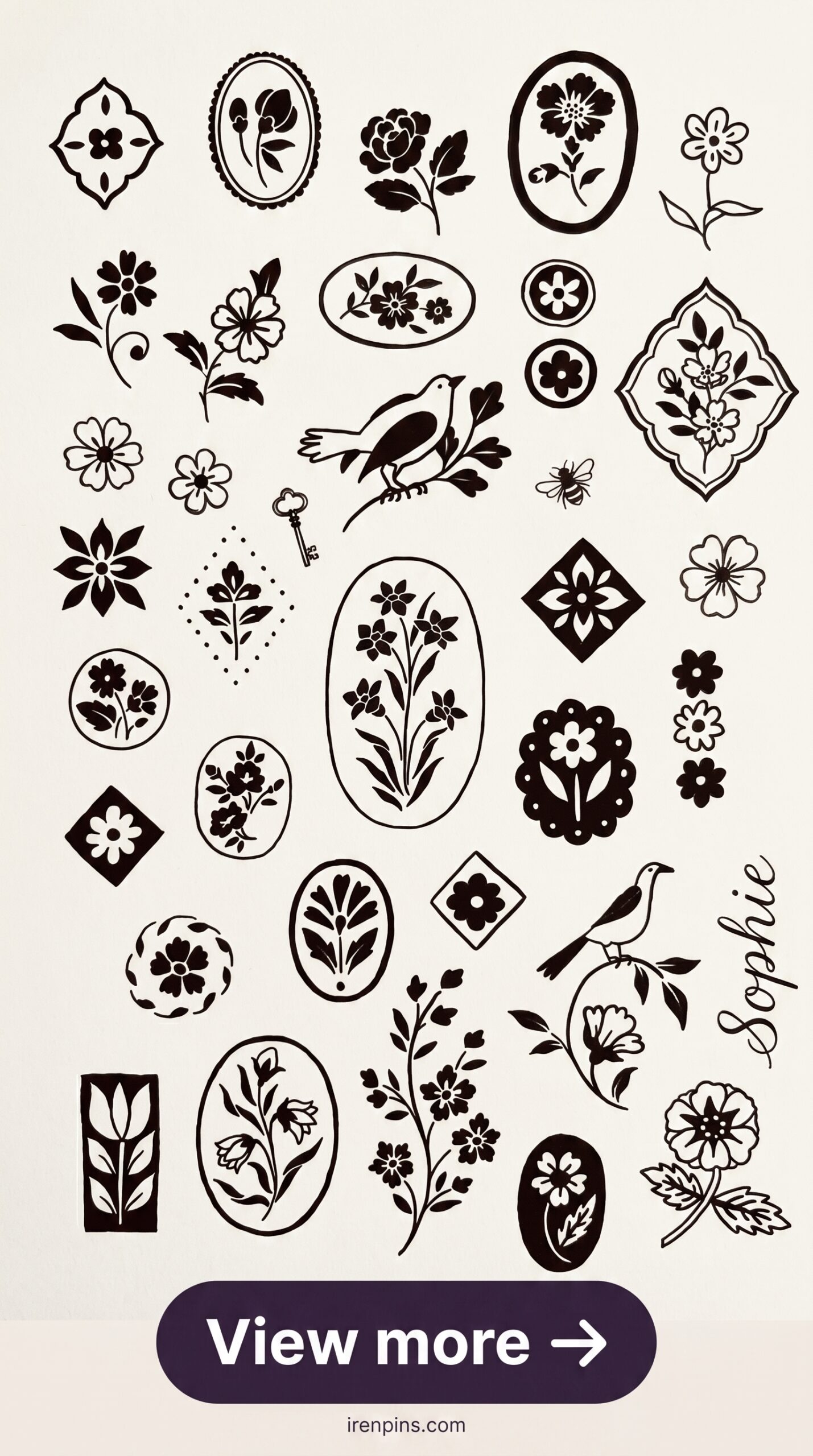 folk flower design black white floral art printable Cricut editable