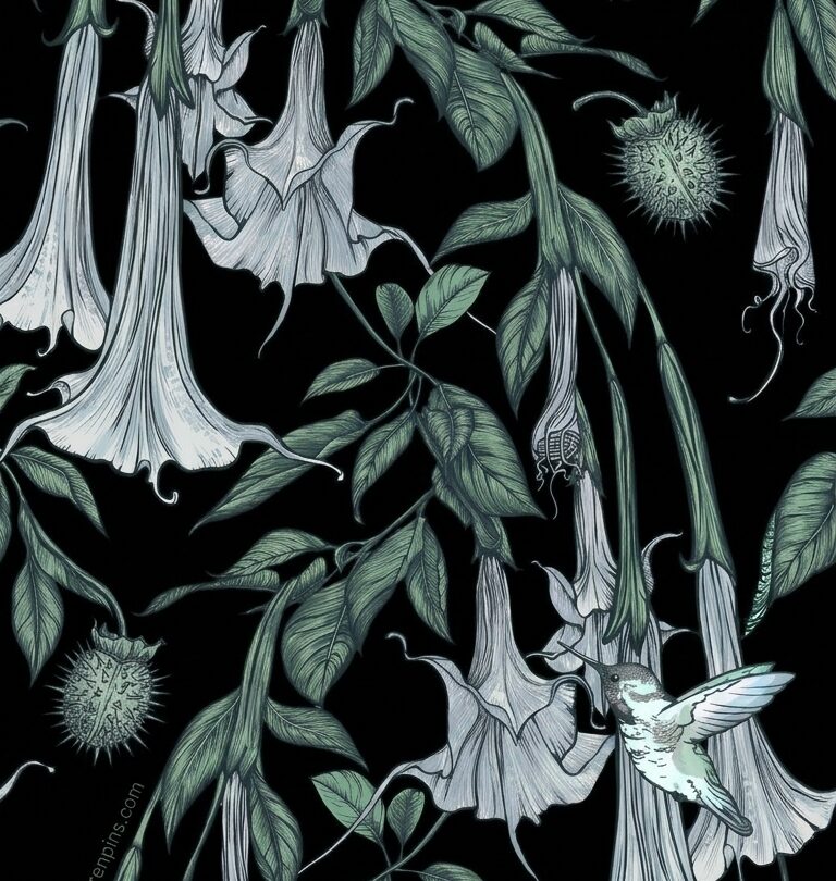 folklore botanical pattern dark floral wallpaper hummingbirds moody printable