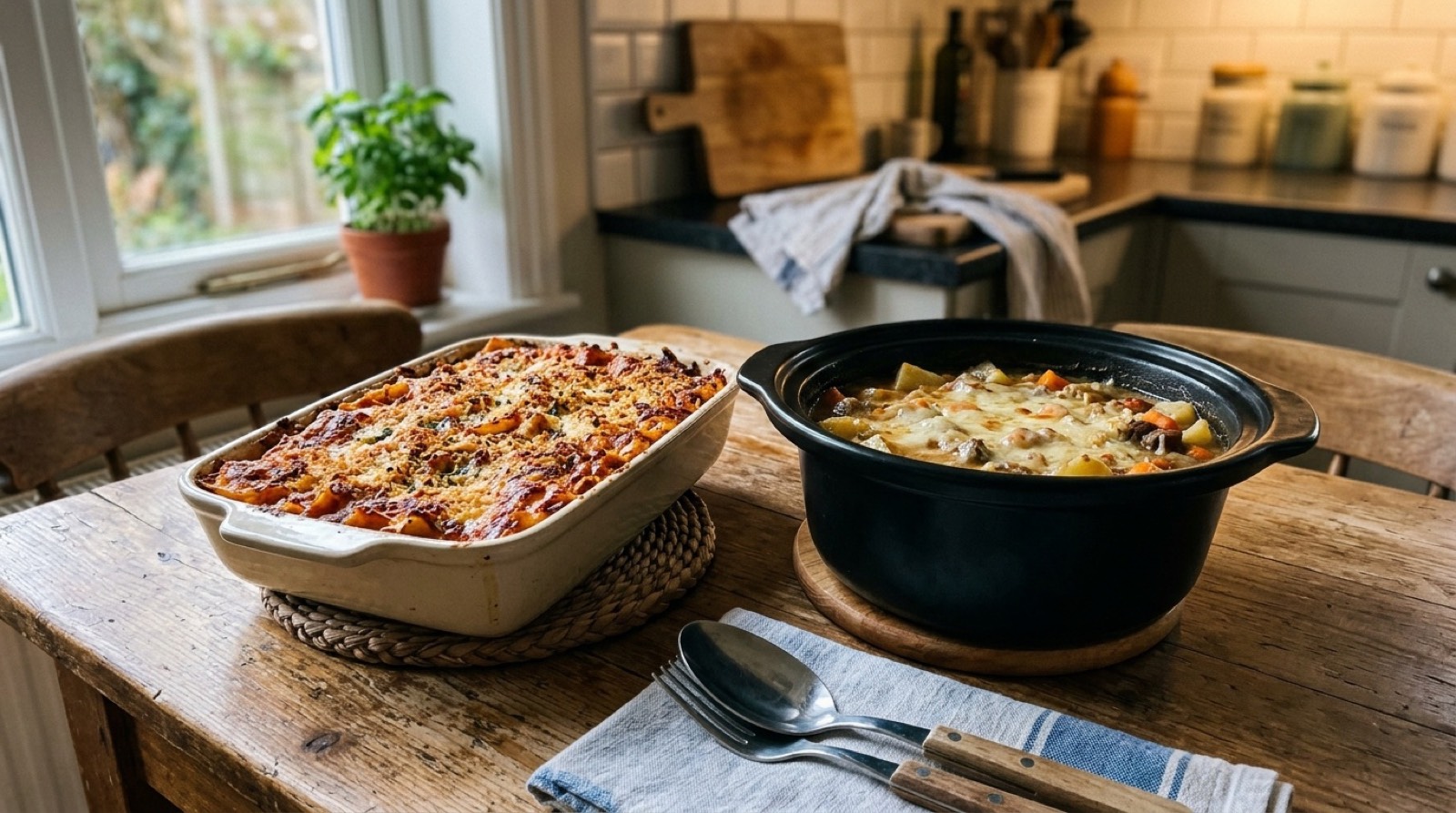 Two casseroles side by side, one baked with a browned crisp top and one from a slow cooker with a soft pale top