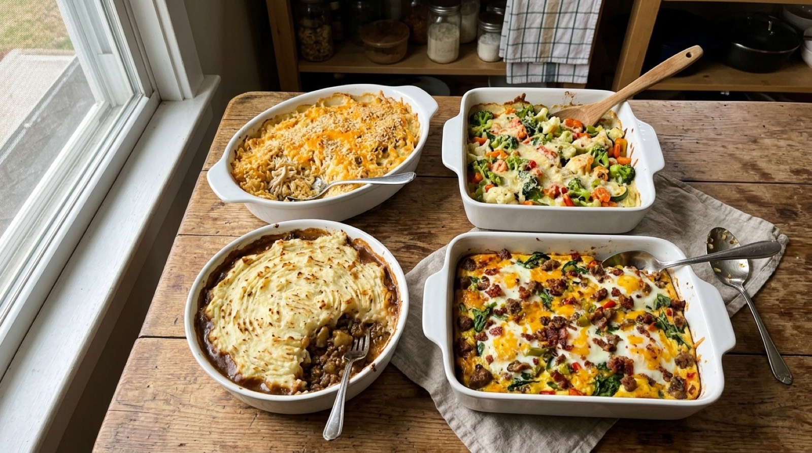 Four casseroles seen from above, chicken and rice, beef and potato, vegetable and cheese, and a breakfast egg one
