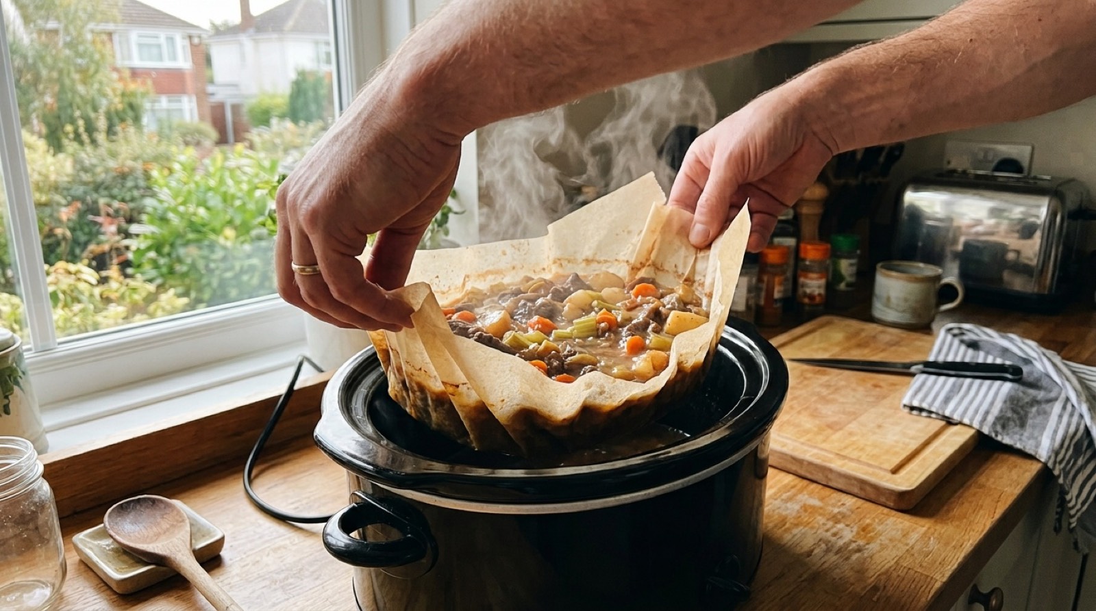 Two hands lifting a casserole out of a slow cooker by the edges of a parchment sling