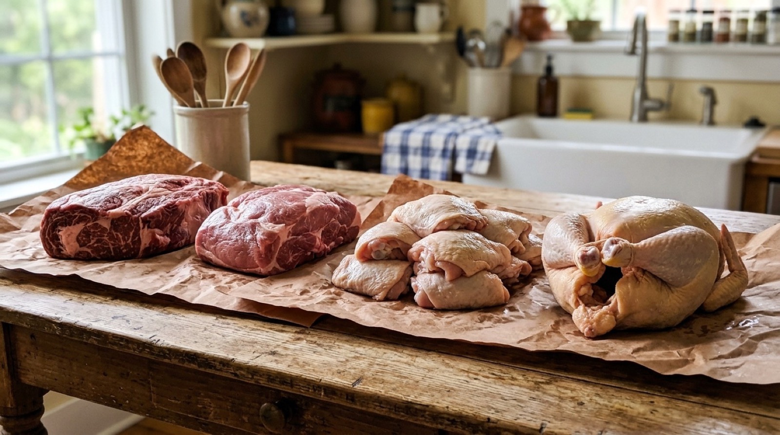 Four raw cuts on butcher paper, a beef chuck roast, a pork shoulder, chicken thighs and a whole chicken