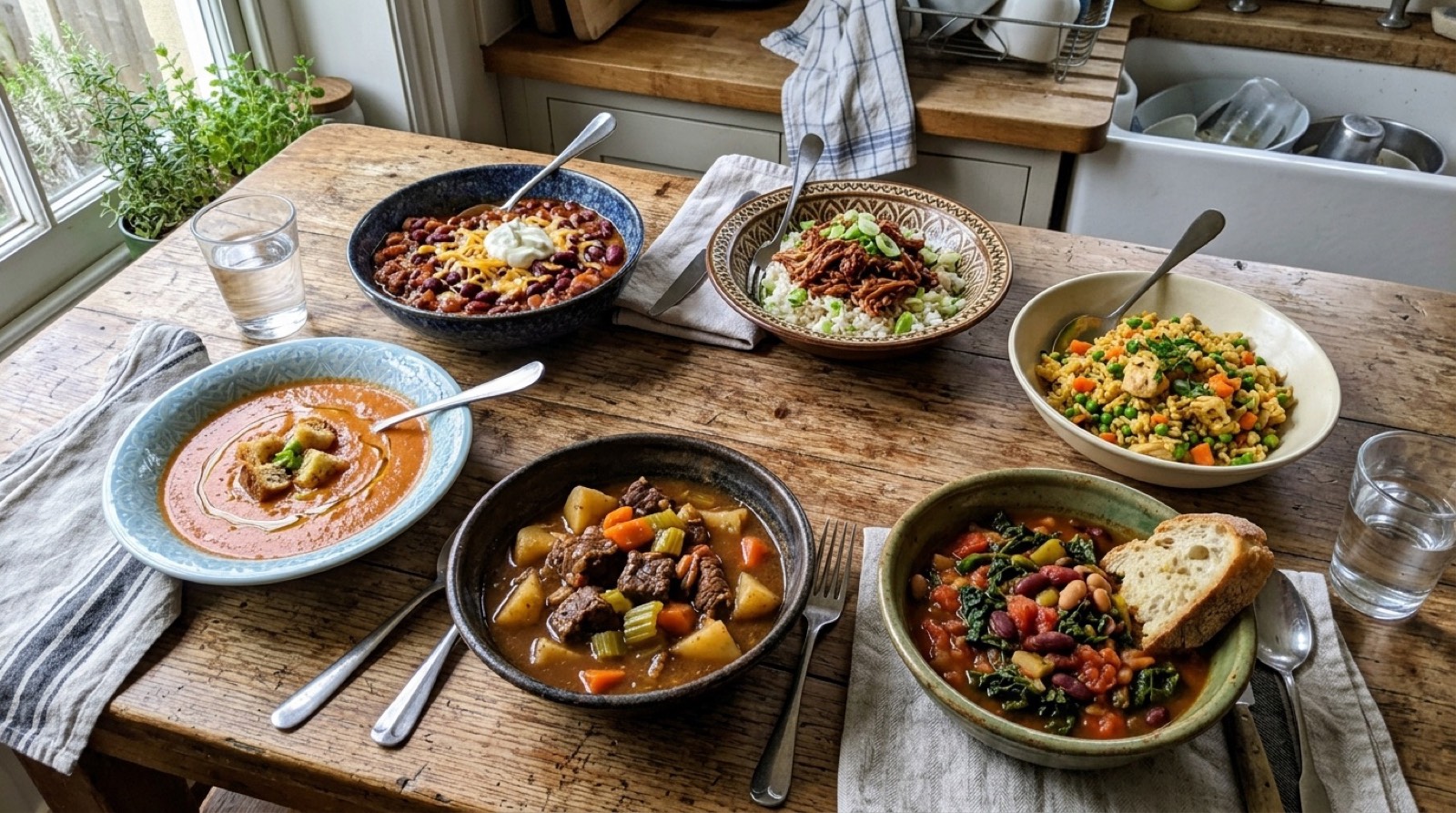 Six finished dinners in mismatched bowls seen from above, chilli, pulled pork, chicken and rice, bean stew, beef and potatoes, soup