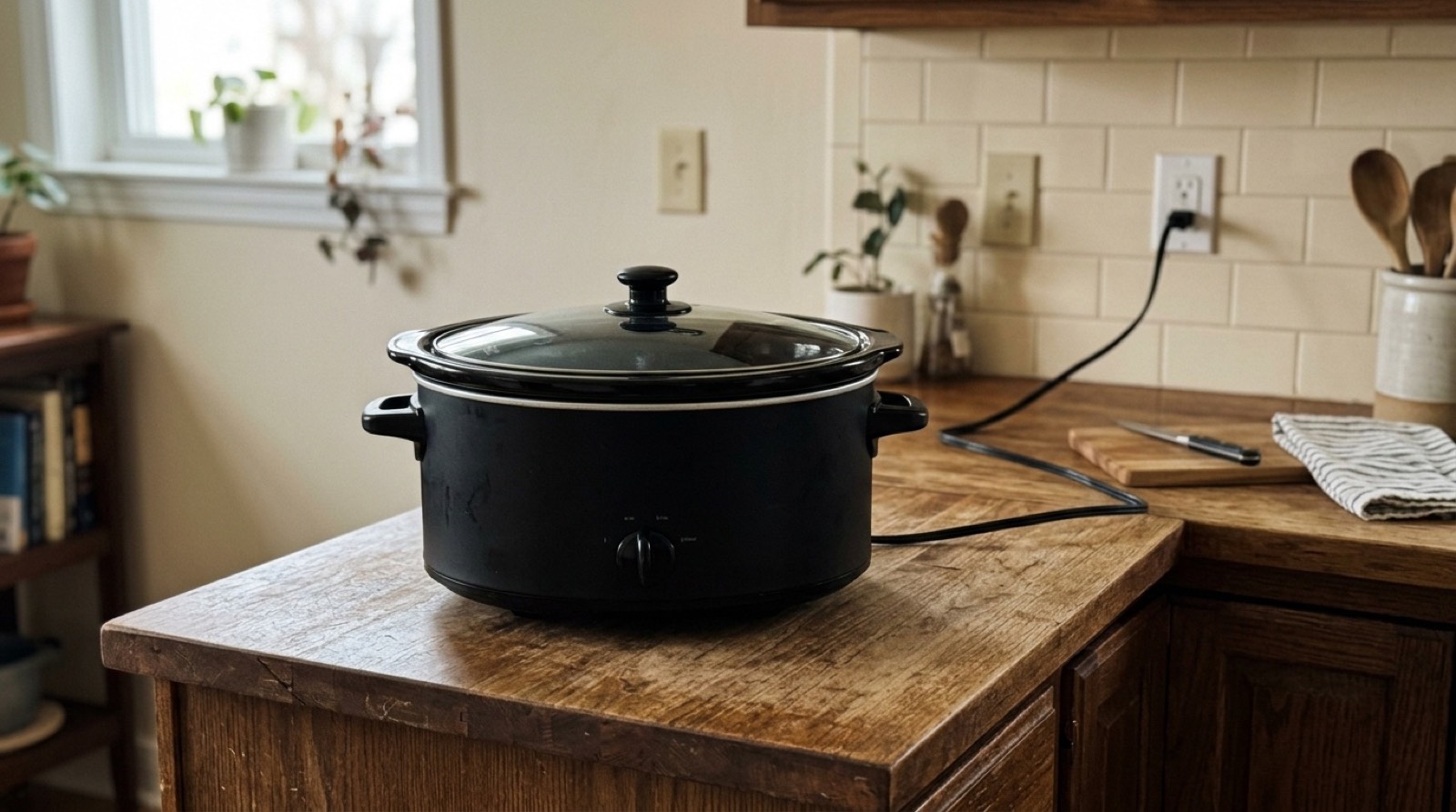 A large oval slow cooker on a kitchen counter, lid on