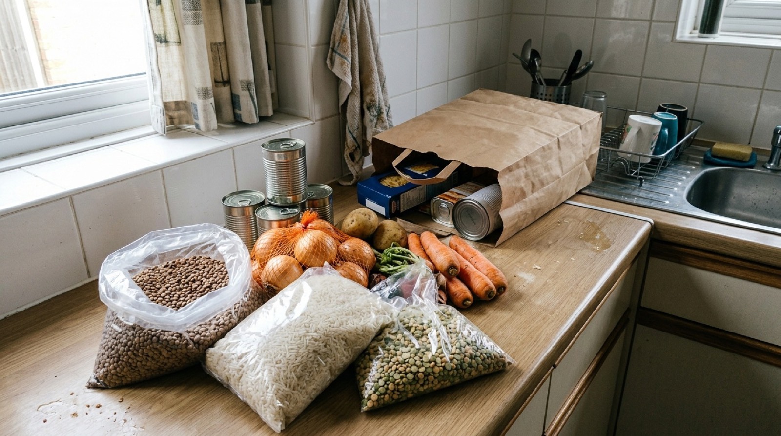A counter of week groceries, dried beans and rice, onions, carrots and tinned tomatoes