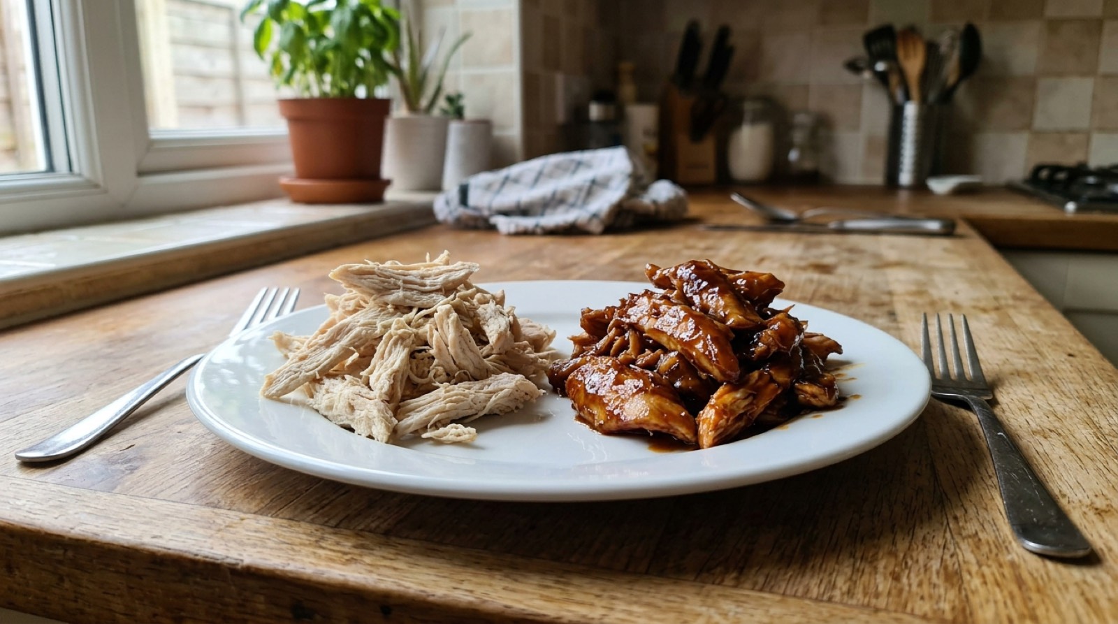 Two piles of shredded chicken, one dry and pale, one glossy with sauce