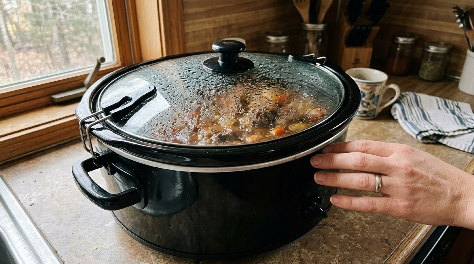 Slow cooker lid heavy with condensation, a hand resting beside it without lifting it