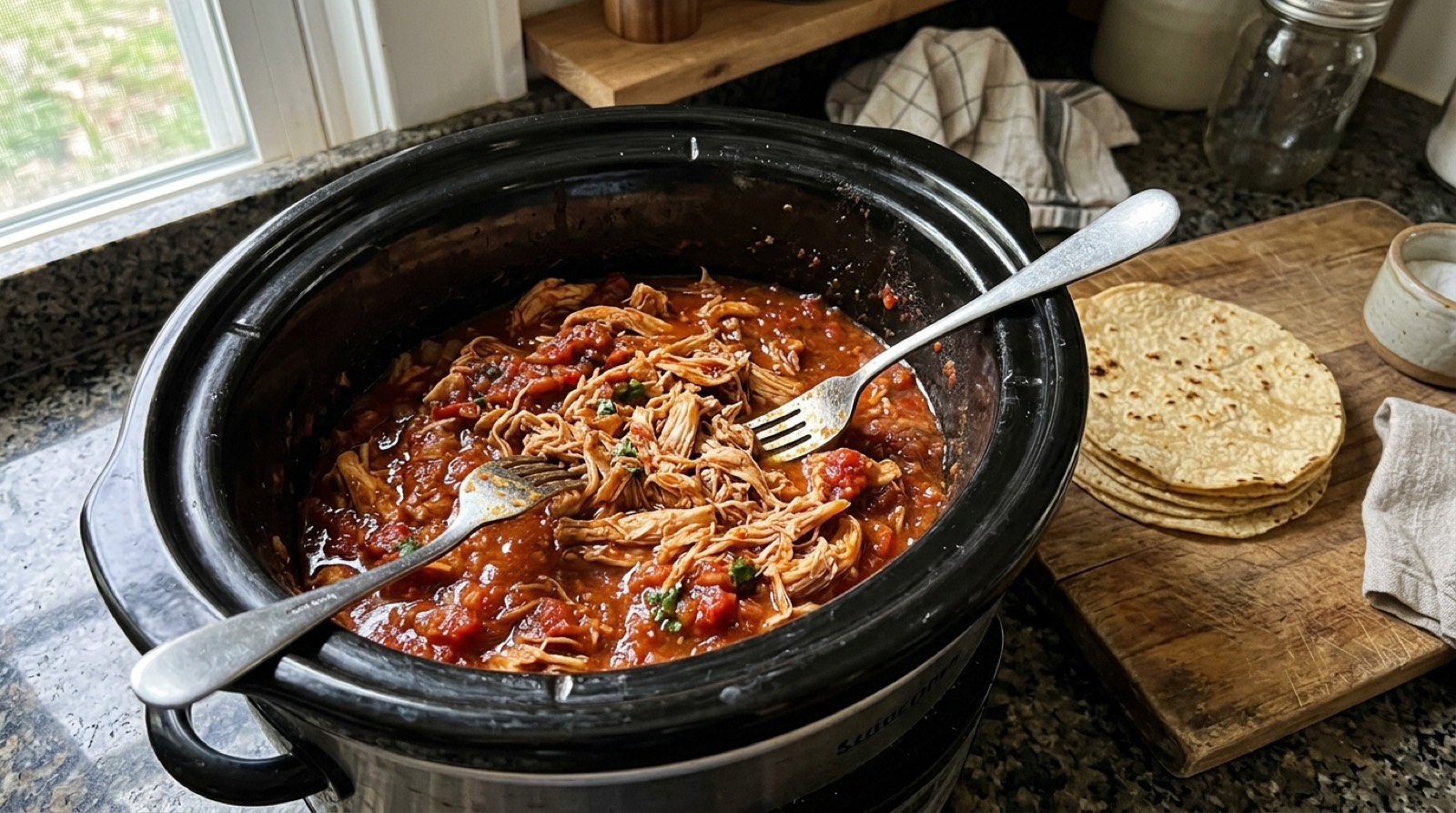 Shredded salsa chicken in a slow cooker beside a stack of tortillas