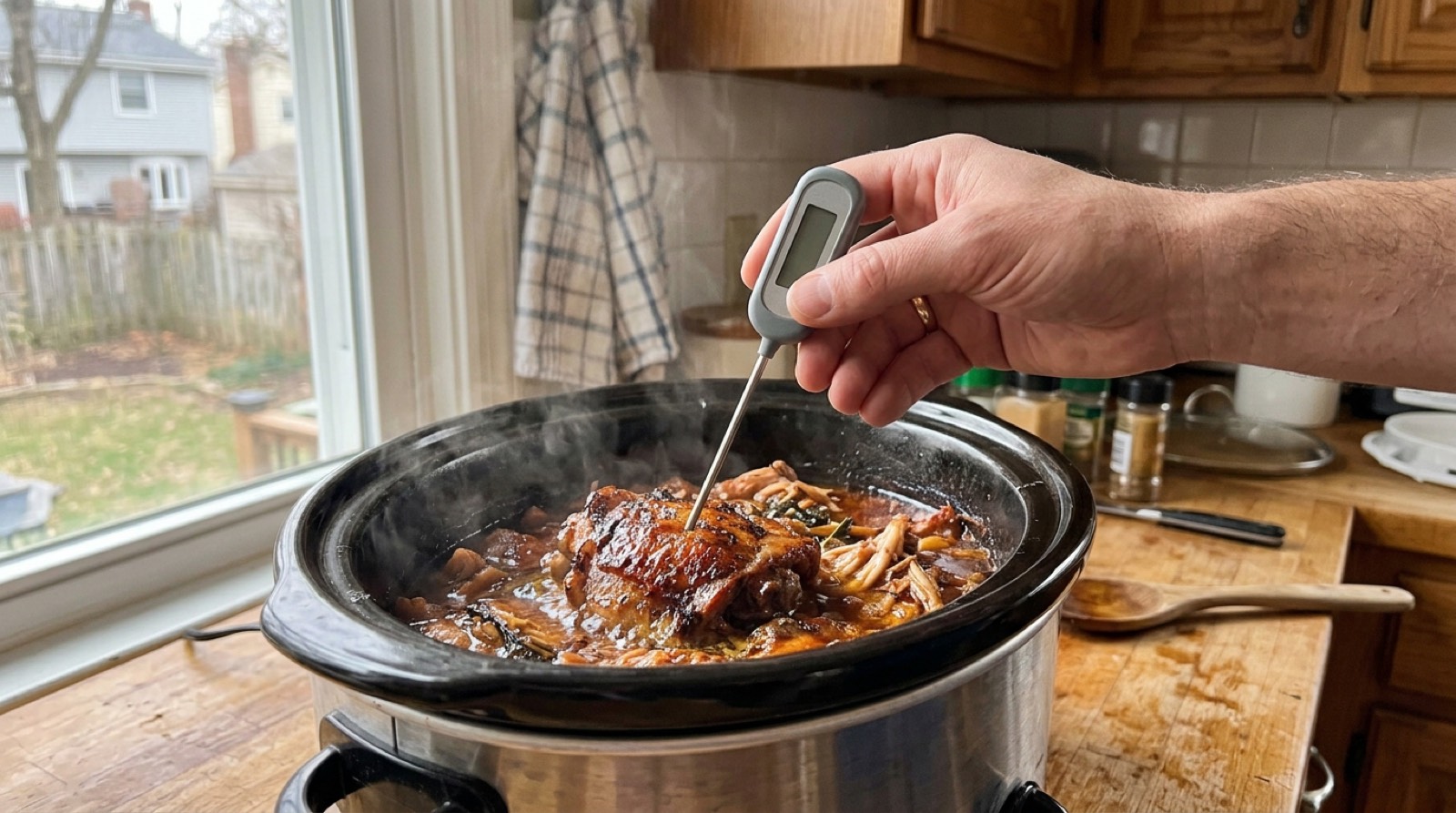 Instant-read thermometer probe in a chicken thigh in a slow cooker