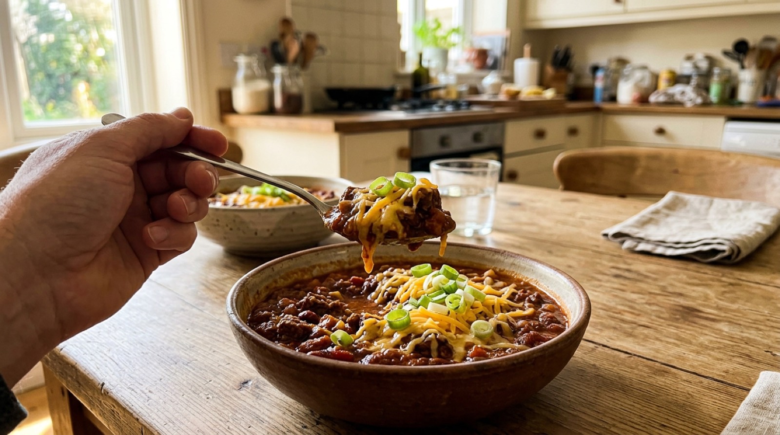 Spoon lifting a bite of thick chili topped with cheese and spring onion