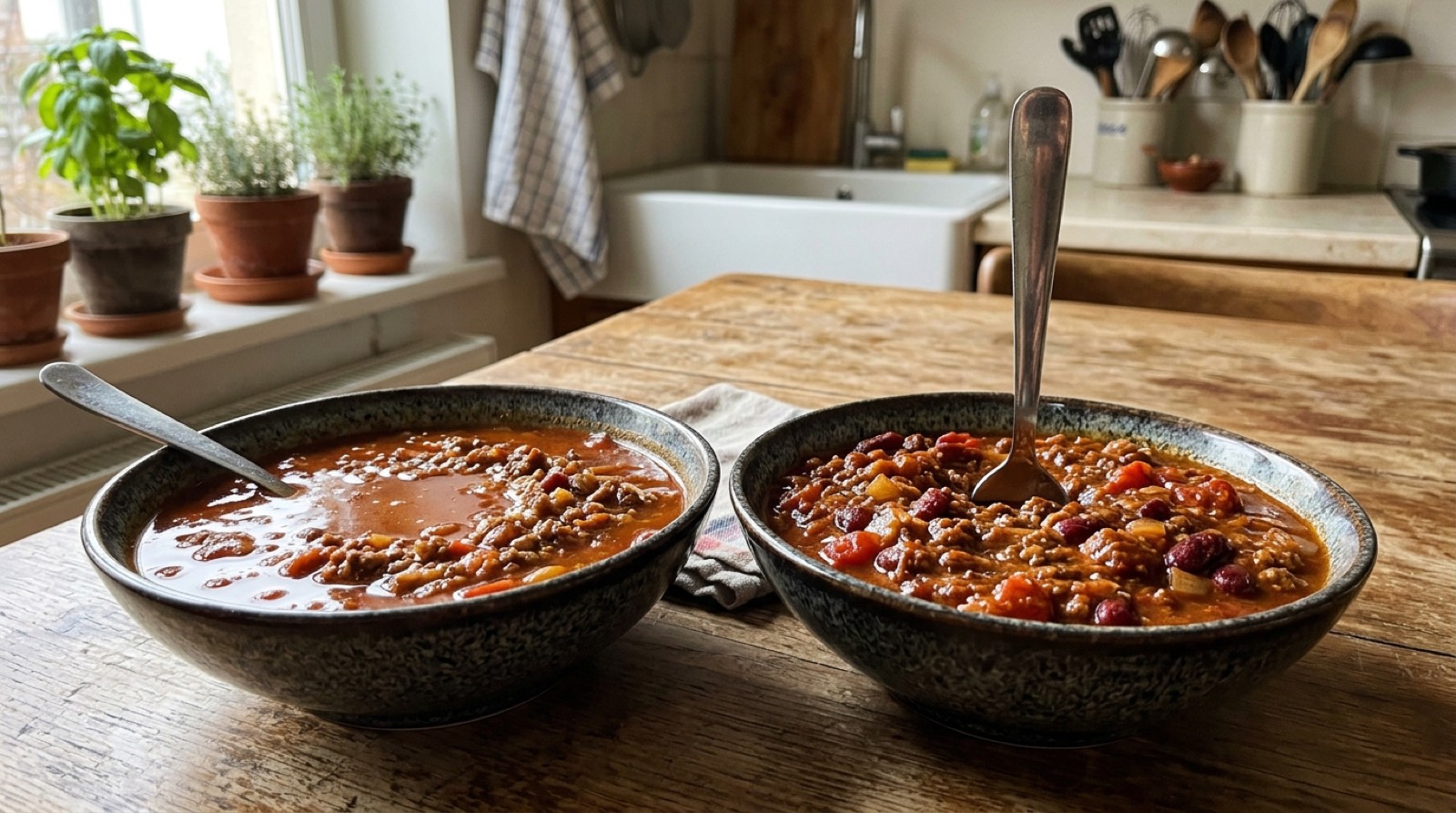 Two bowls of chili side by side, one thin and one thick with a spoon standing in it