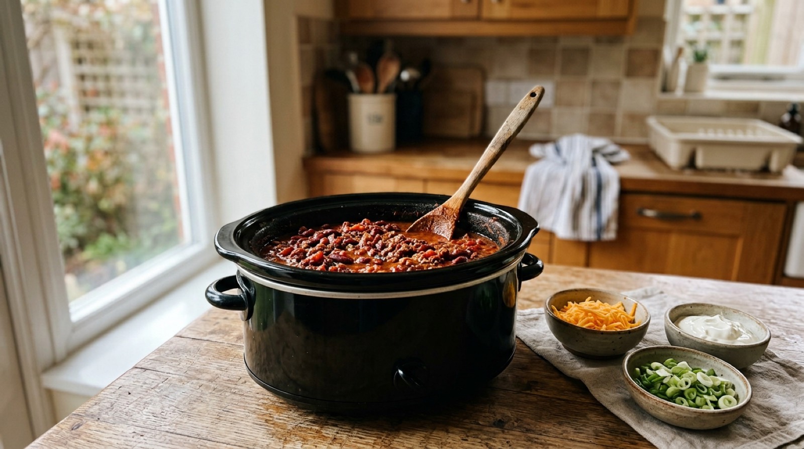 Chili in a slow cooker with bowls of cheese, sour cream and spring onion