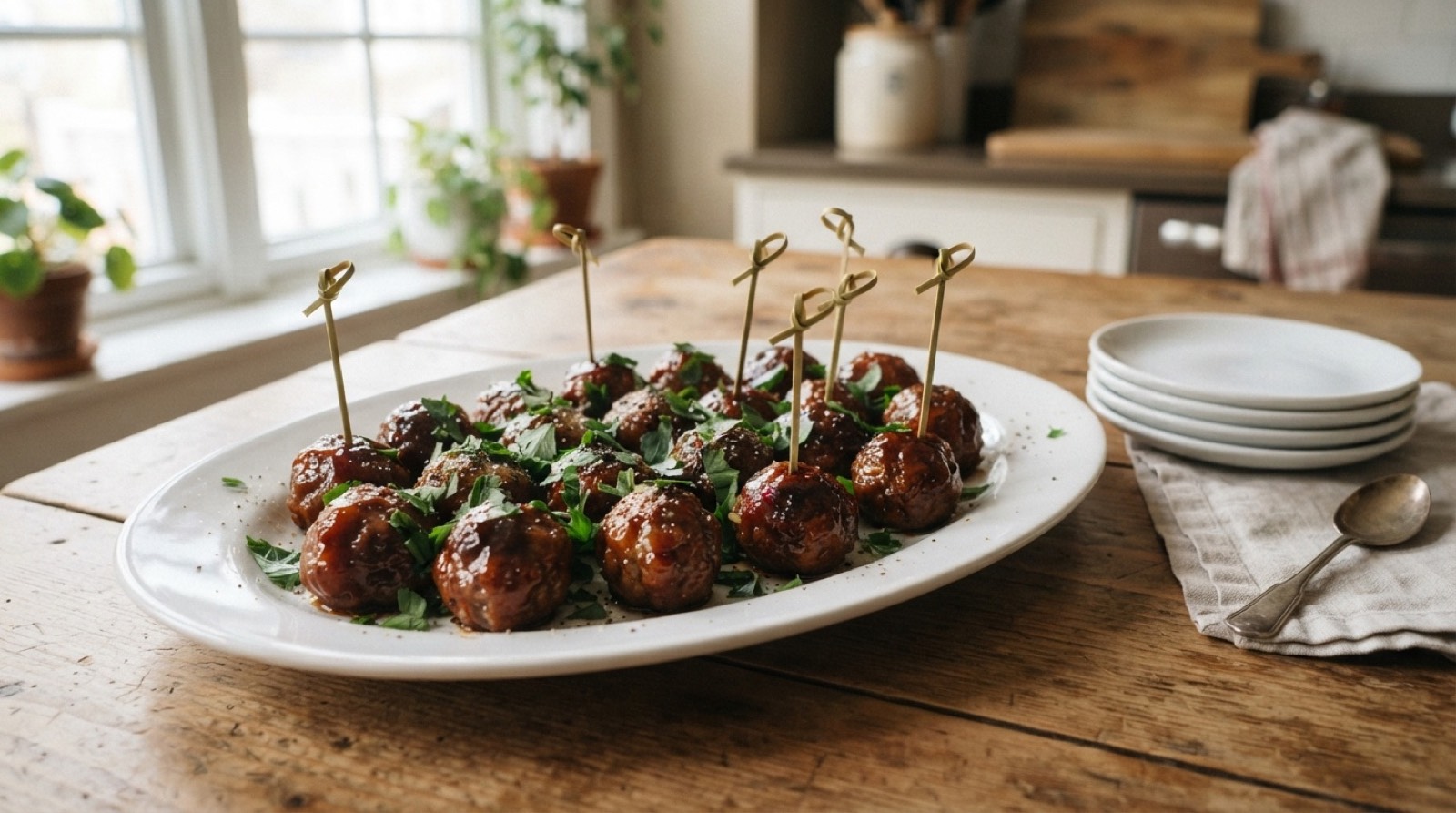 Party platter of glazed crockpot cocktail meatballs with cocktail sticks