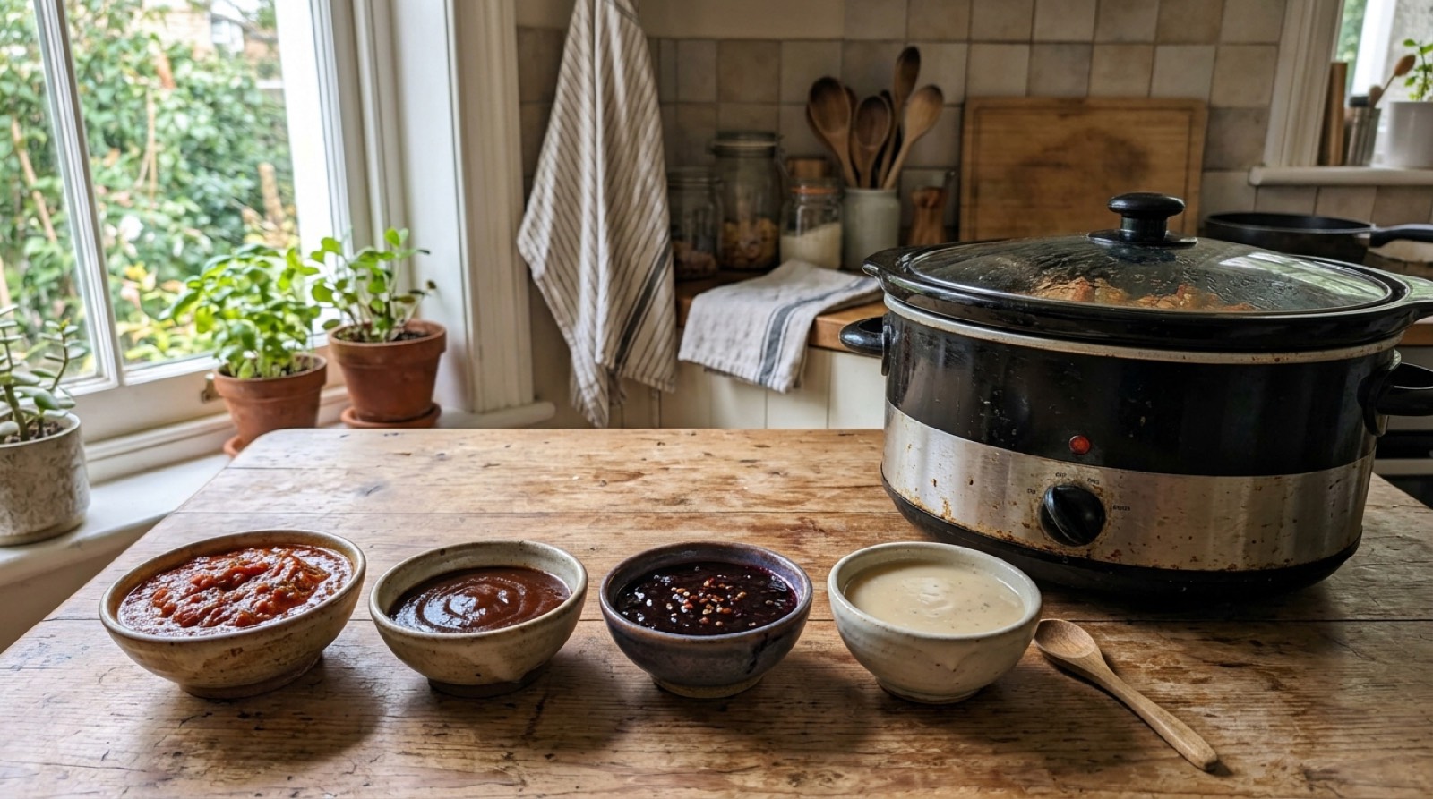 Four bowls of sauce beside a slow cooker: marinara, barbecue, grape jelly chilli and creamy