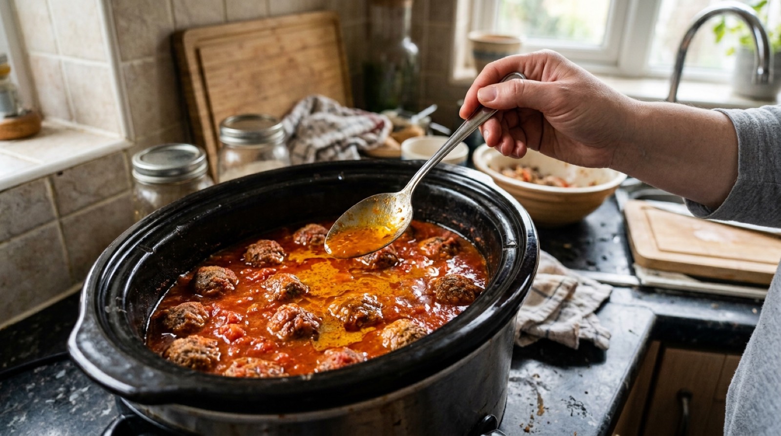 A spoon skimming orange grease off the surface of meatballs in tomato sauce