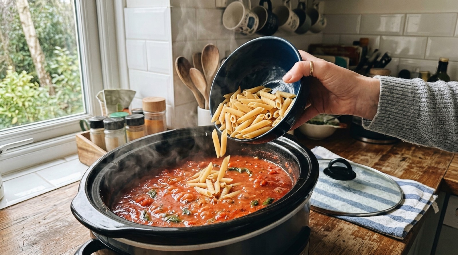 Dry penne tipped from a bowl into hot tomato sauce in a slow cooker