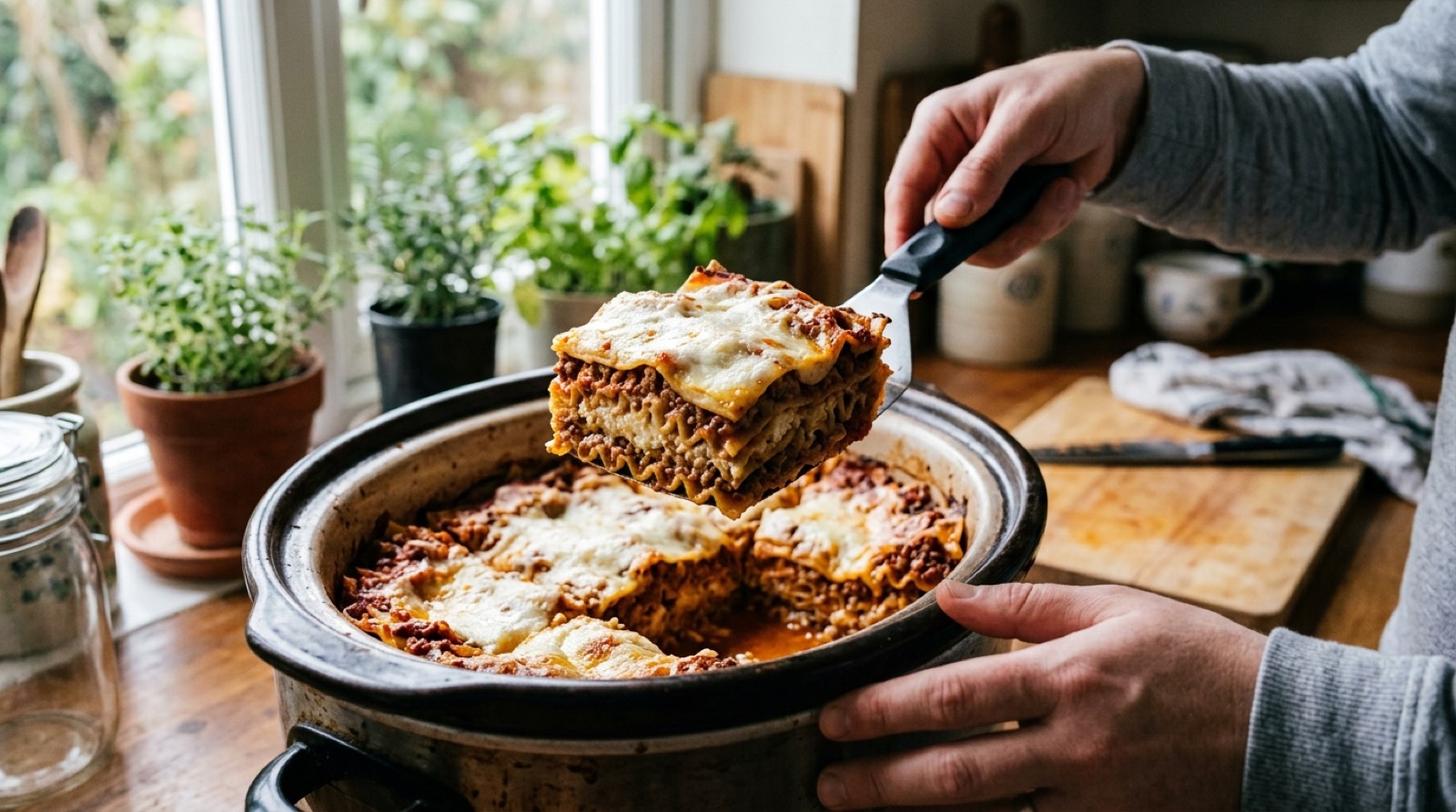 A spatula lifting a square of lasagna out of a slow cooker with the layers holding together