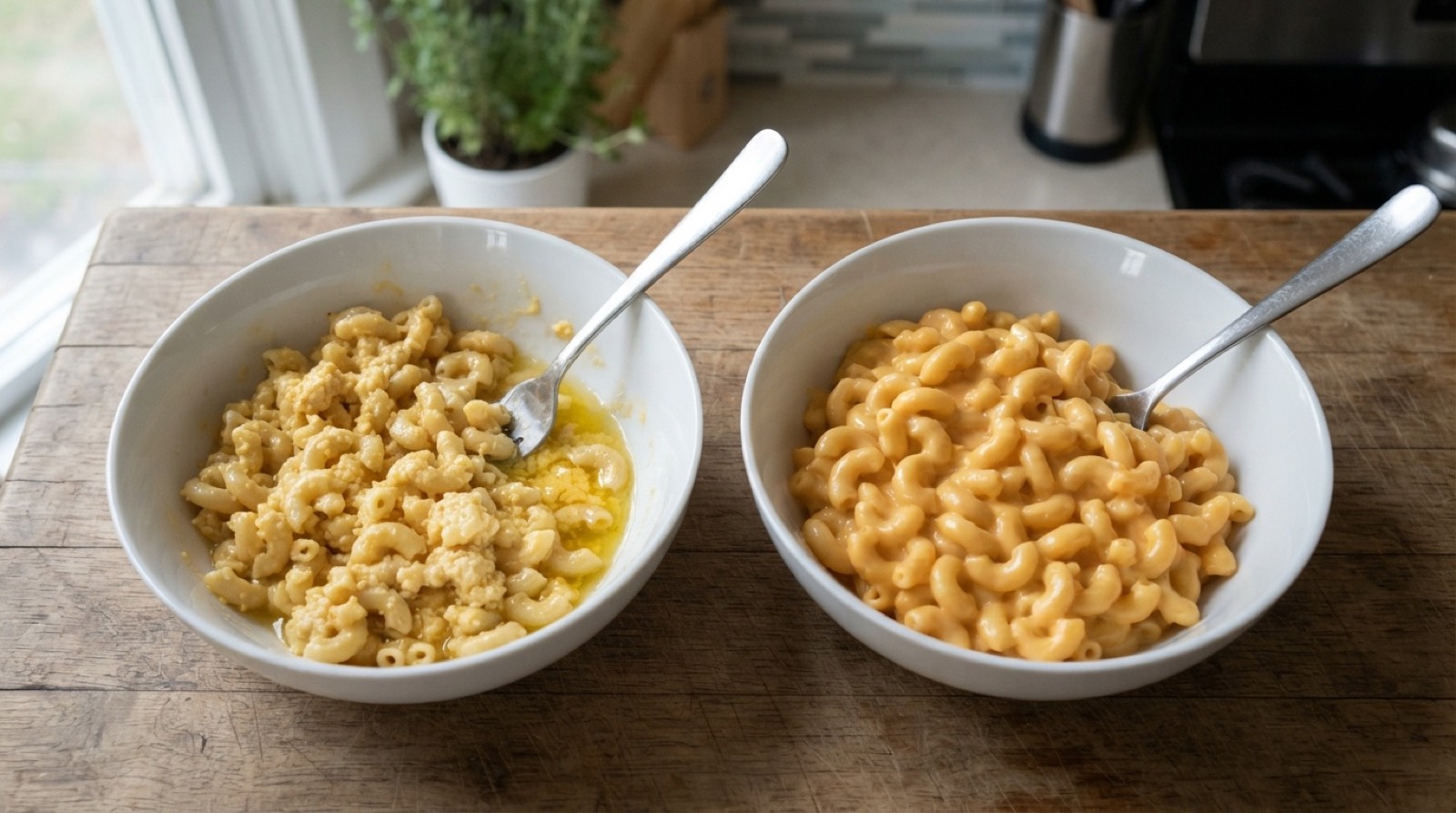 Two bowls of crockpot mac and cheese, one grainy and split, one smooth
