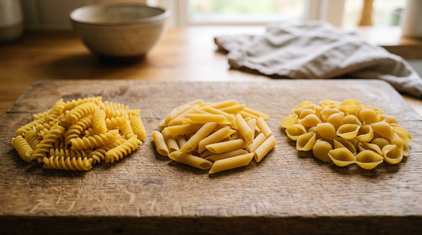 Three piles of dry pasta on a board: fusilli, penne and shells