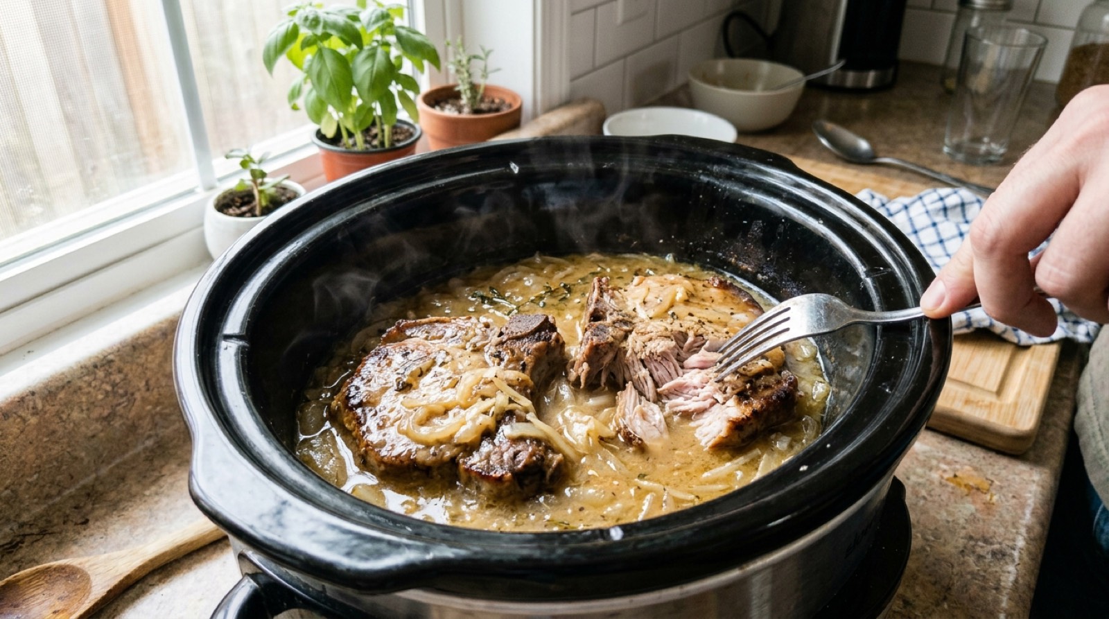Pork chops in onion gravy in a slow cooker with a fork pulling one apart