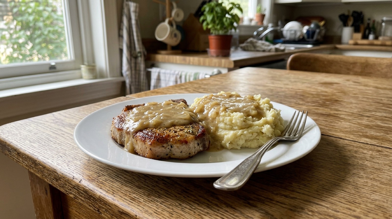 Pork chop with mashed potato and onion gravy on a dinner plate