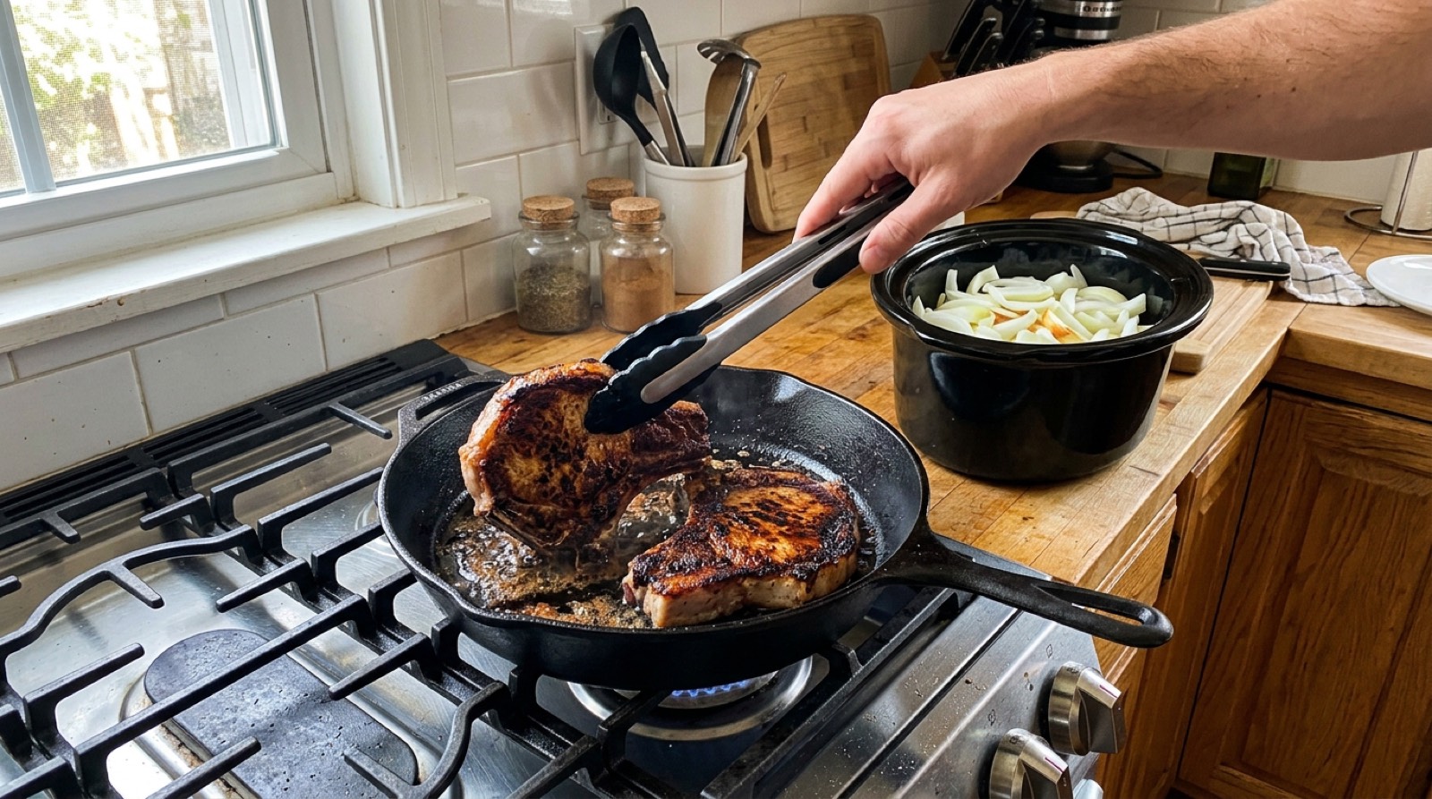 Pork chops searing in a cast iron pan next to a crock of sliced onion