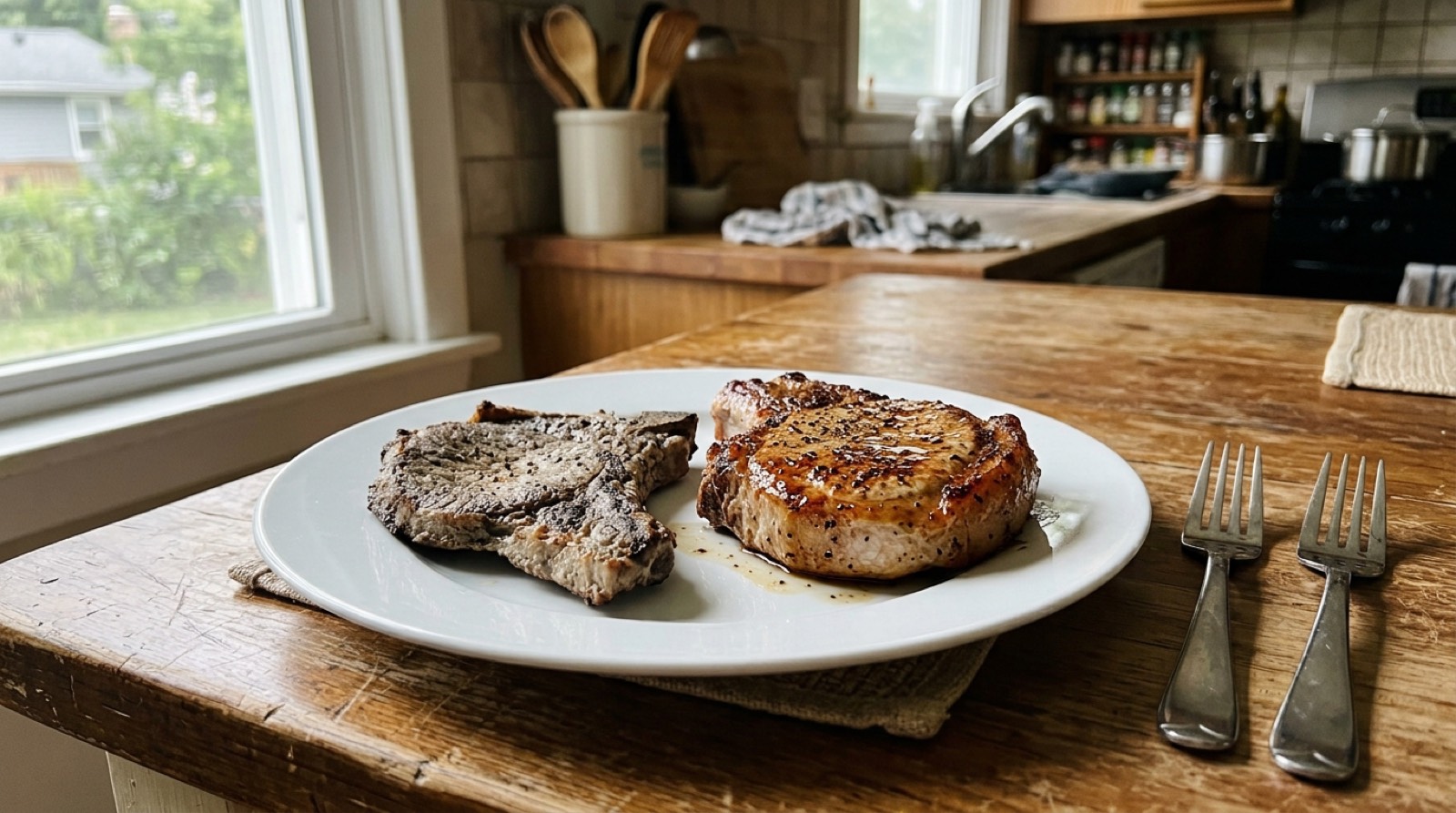 Thin dry pork chop next to a thick juicy pork chop on a white plate