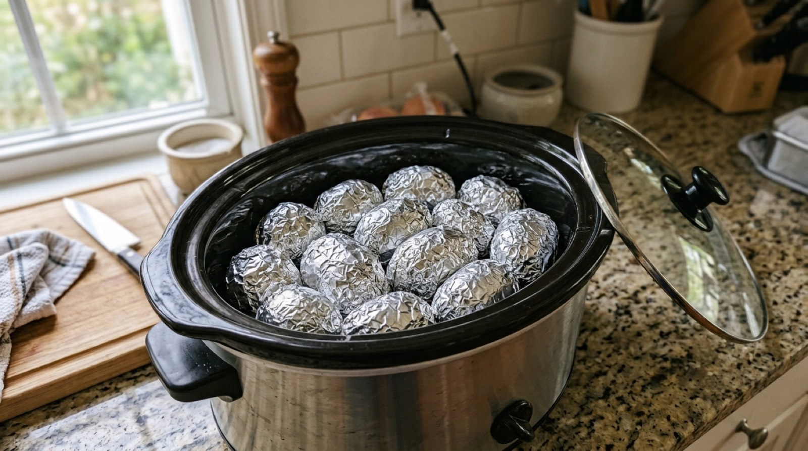 Foil-wrapped potatoes packed into a slow cooker