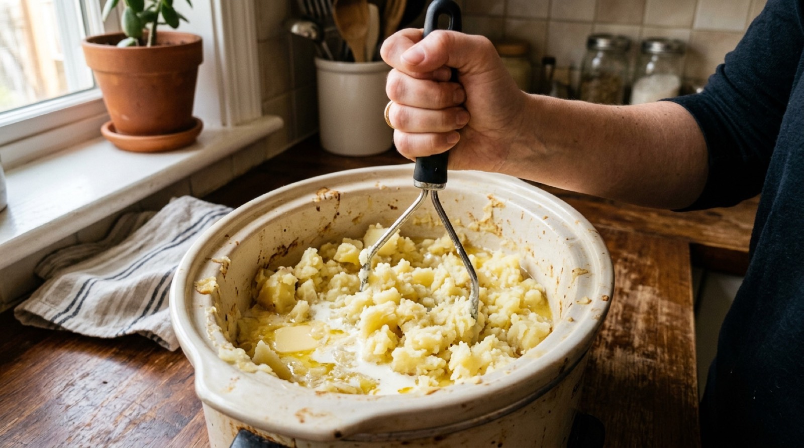 A hand mashing cooked potatoes directly in the slow cooker with butter and cream
