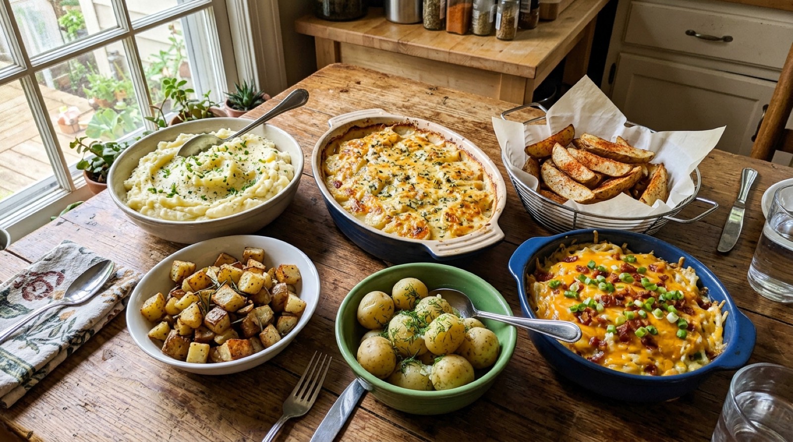 Six potato side dishes on a kitchen table: mash, gratin, wedges, roasted cubes, buttered new potatoes and a cheesy bake