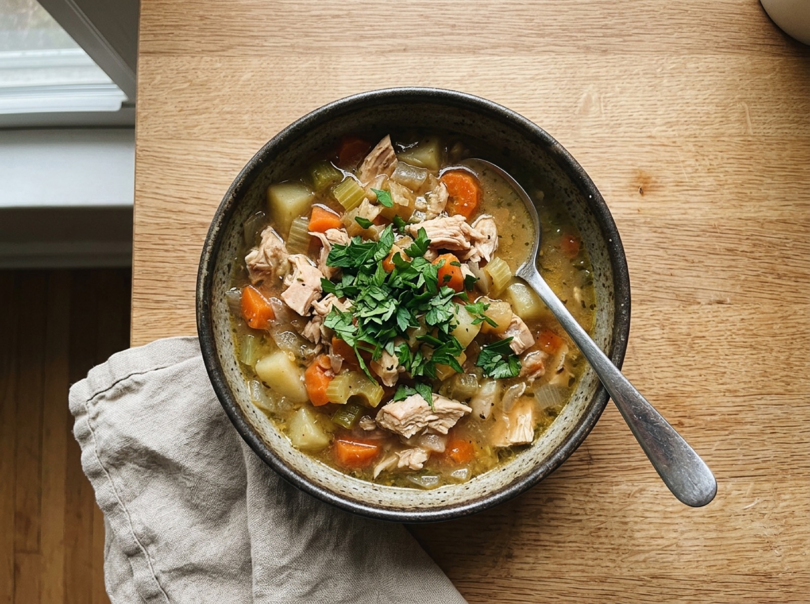 Bowl of crockpot chicken vegetable soup with potatoes and carrots