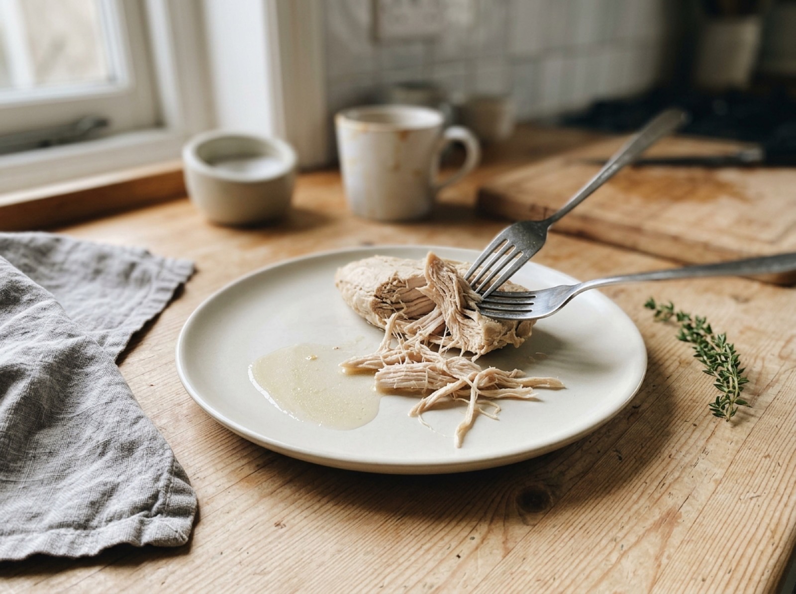 Chicken breast left in the crockpot all day, dry and stringy on a plate