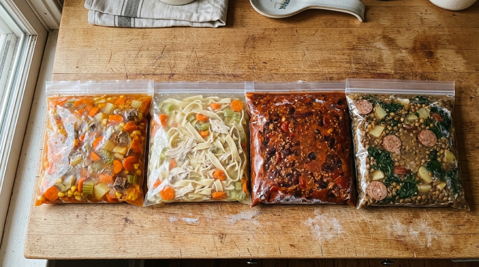 Four freezer bags of crockpot soup laid flat on a counter