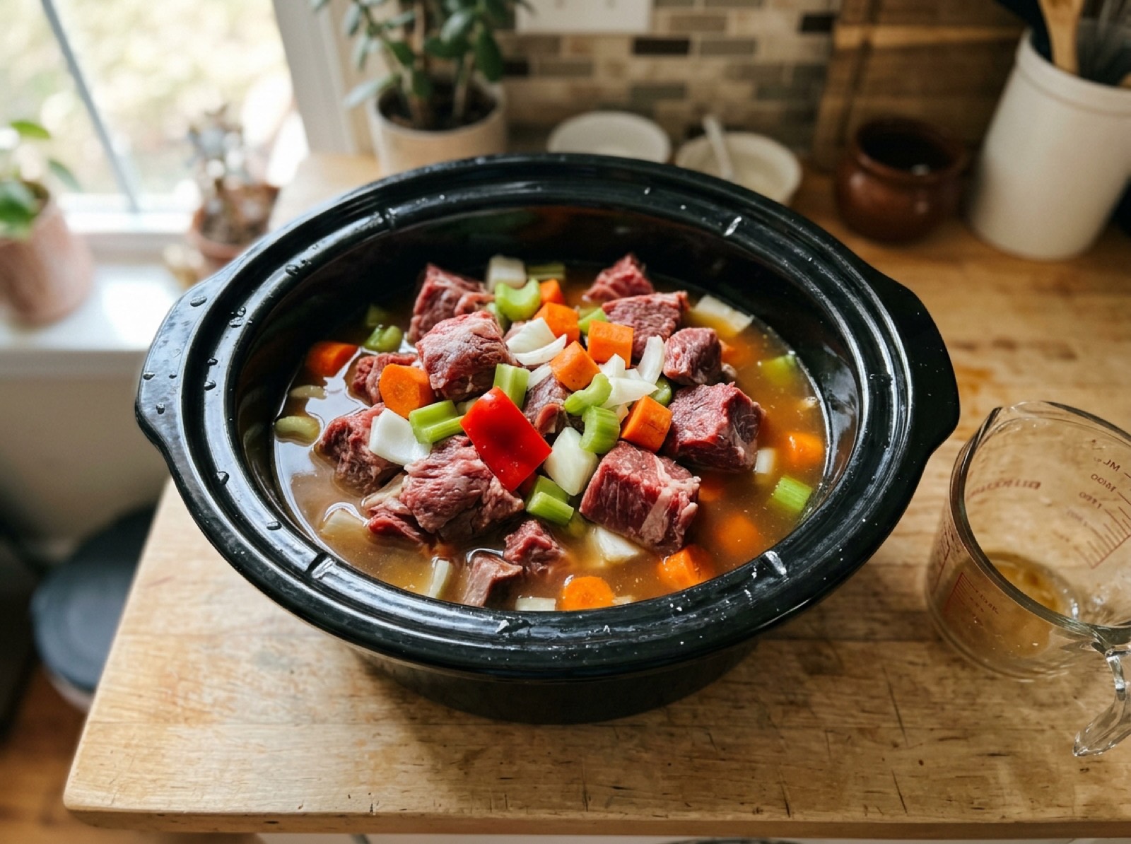 Raw beef and chopped vegetables layered in a slow cooker with broth
