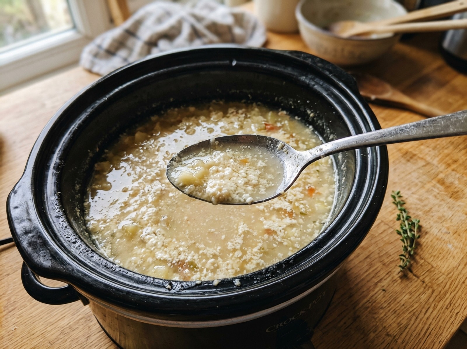 Rice absorbed the broth and left crockpot soup thick as porridge