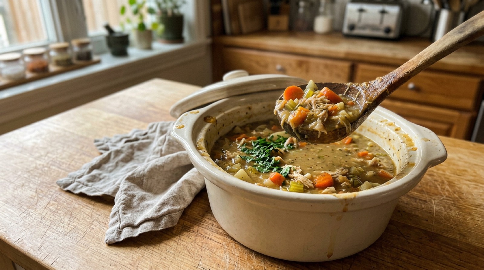 Finished crockpot soup served from a pot with a wooden spoon