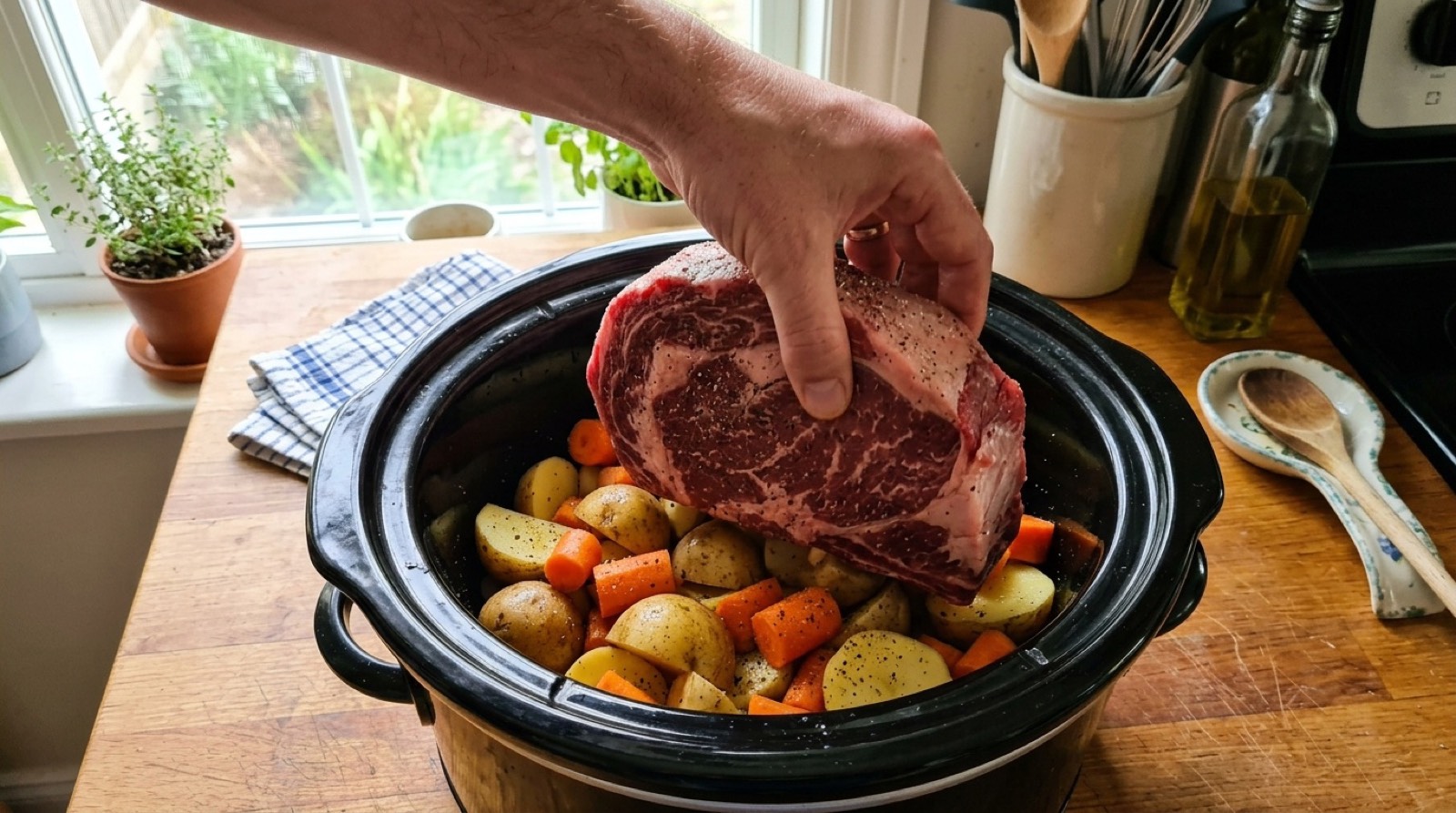 Looking into a slow cooker, halved potatoes and carrots underneath, a beef roast lowered on top